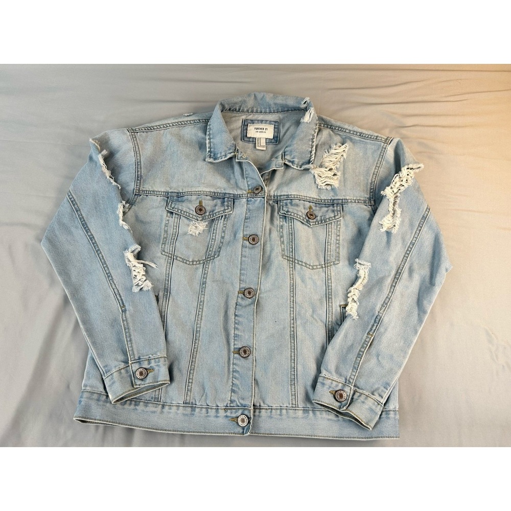Forever‎ 21 Womens Distressed Denim Jacket Medium Y2K Edgey Grunge 90's